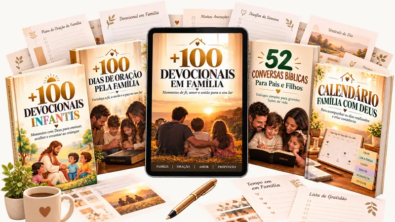 Kit +100 Devocionais em Família: o material principal em um tablet, cercado pelos bônus Devocionais Infantis, Dias de Oração pela Família, 52 Conversas Bíblicas e Calendário Família com Deus
